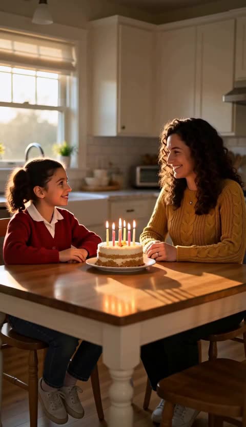 A girl in a red cardigan and a woman in a mustard sweater lean over a birthday cake with lit candles at a kitchen table