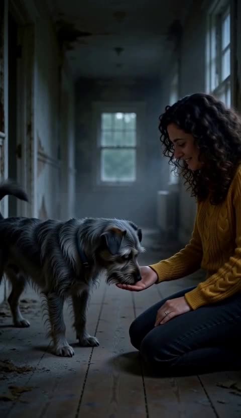 A woman kneels in a dark, dusty hallway and holds out her hand to a grey, shaggy dog with pale eyes