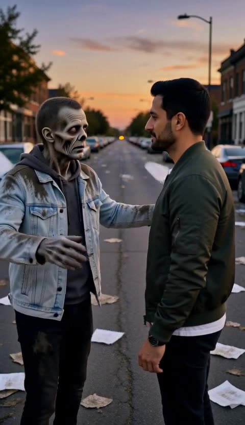 A grey-skinned zombie in a denim jacket reaches toward a man in a green jacket on an empty street at dusk